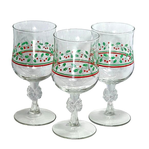 3 Arbys Christmas Bows Holly Water Wine Glasses 6.5" goblets 1980s bow stem - Picture 1 of 8
